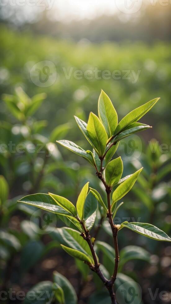 Young green tea buds growing in the tea garden in spring. photo