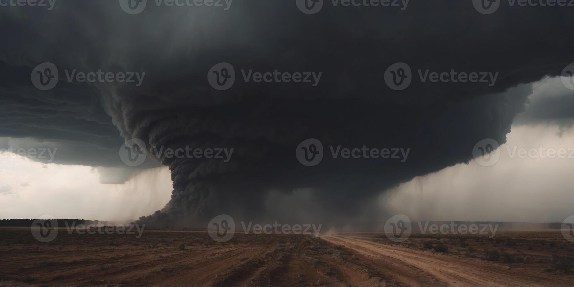 Raging tornado at the with in a dry dirt field with black clouds. photo