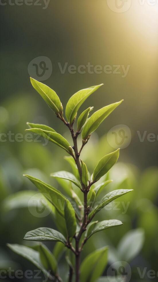 Young green tea buds growing in the tea garden in spring. photo