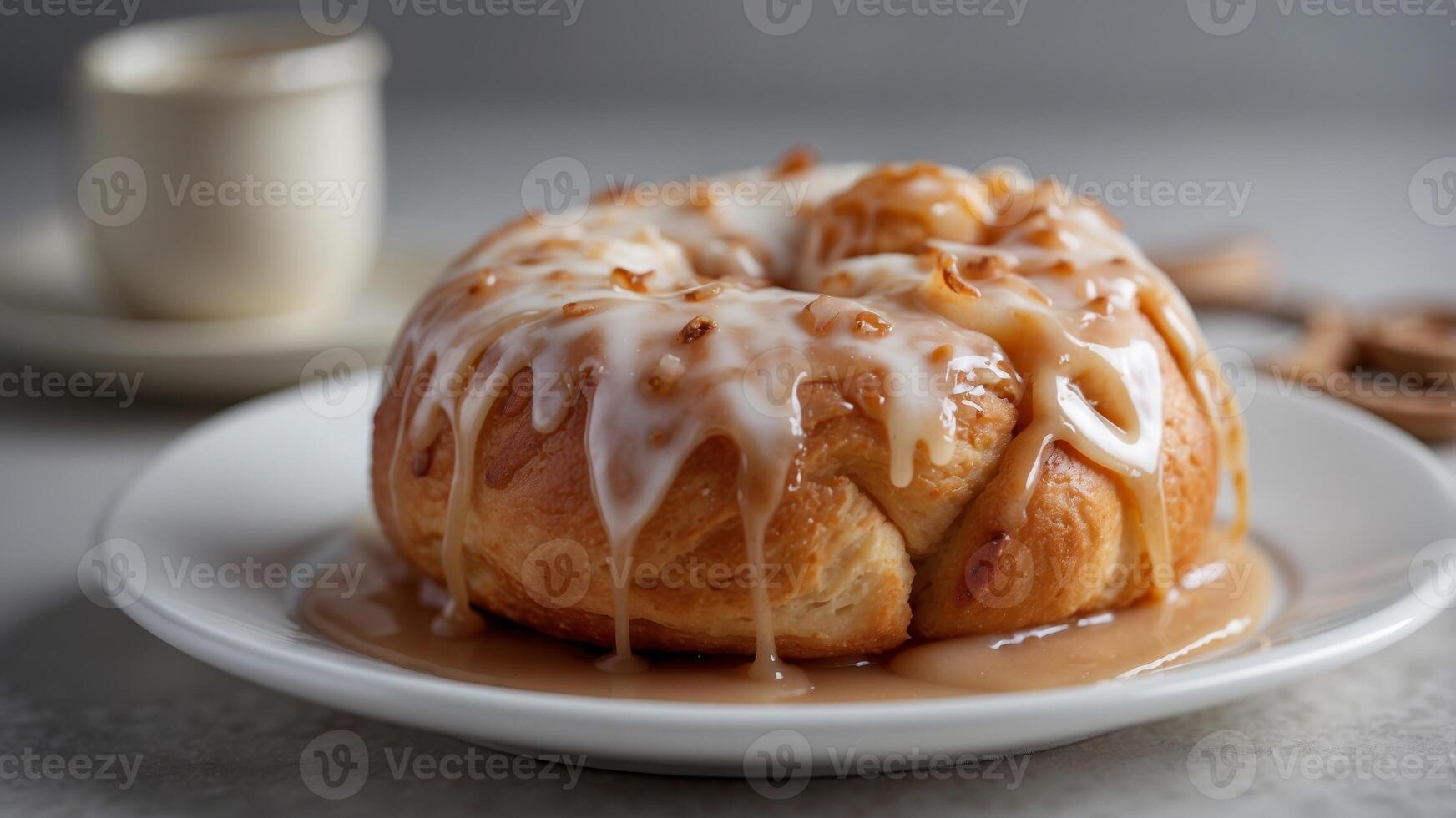 Gooey Cinnamon Roll with Dripping Icing on White Plate Baked Pastry Concept. photo