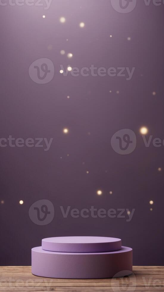 Empty pedestal display on purple background with blank stand for product show or presentation. photo