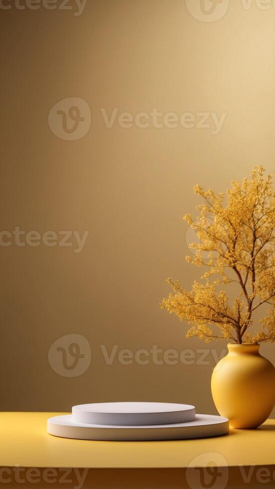 Empty pedestal display on yellow background with stand for product show or presentation. photo