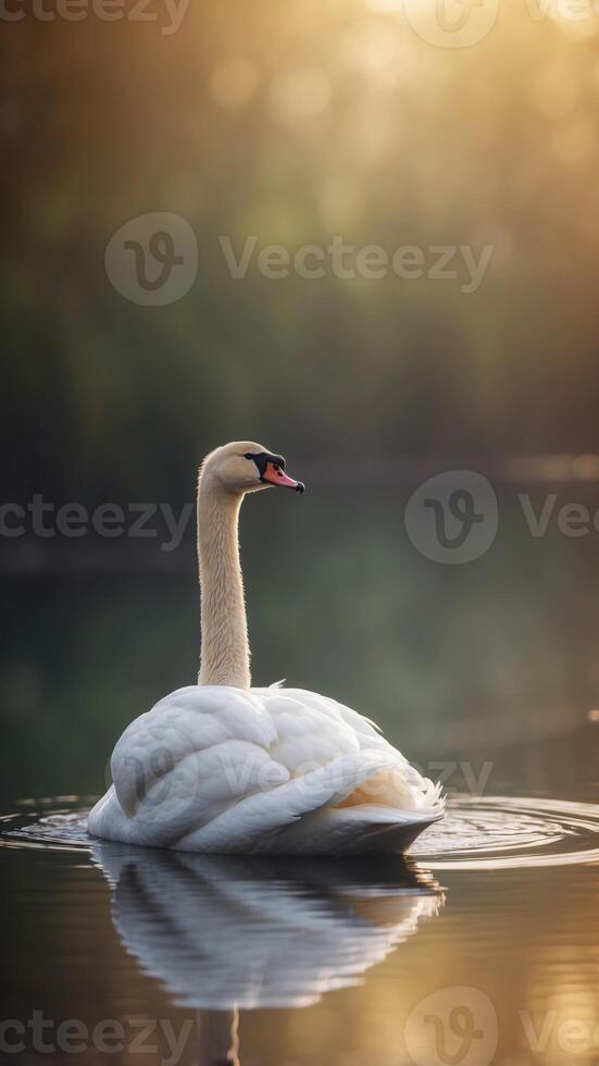 Serene Swan Gliding Over Tranquil Lake Mirrored Reflection. photo