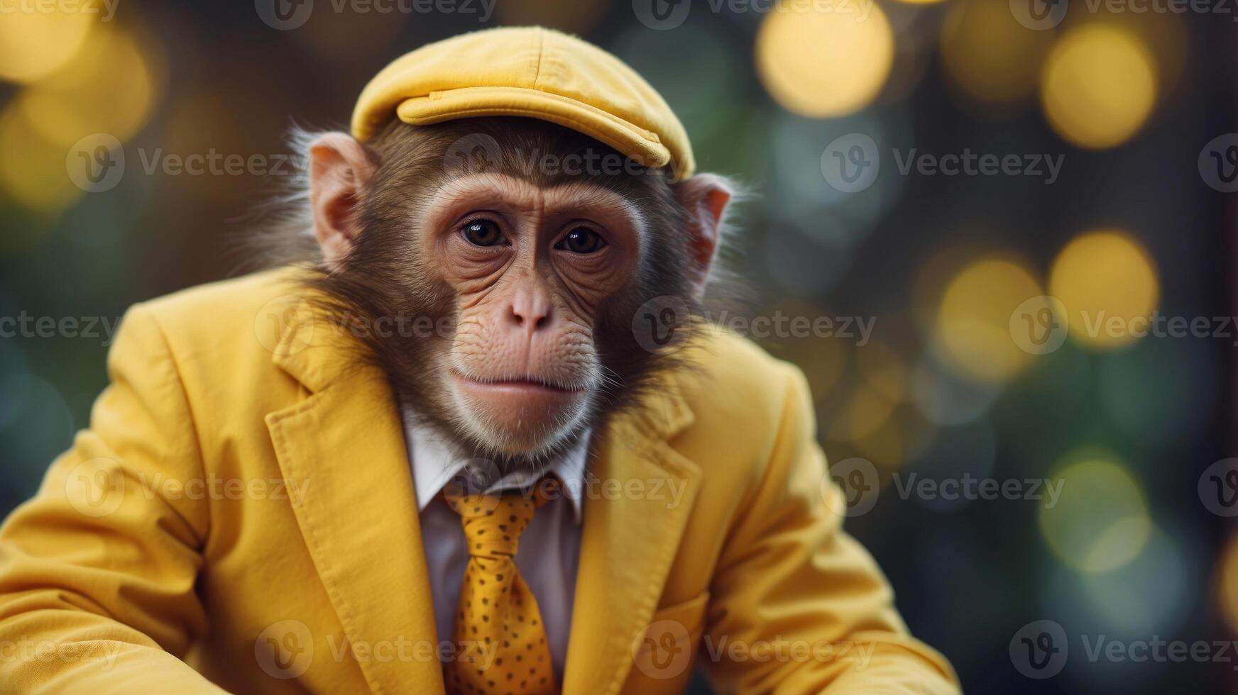 A monkey wearing a yellow suit of a bananas background. photo