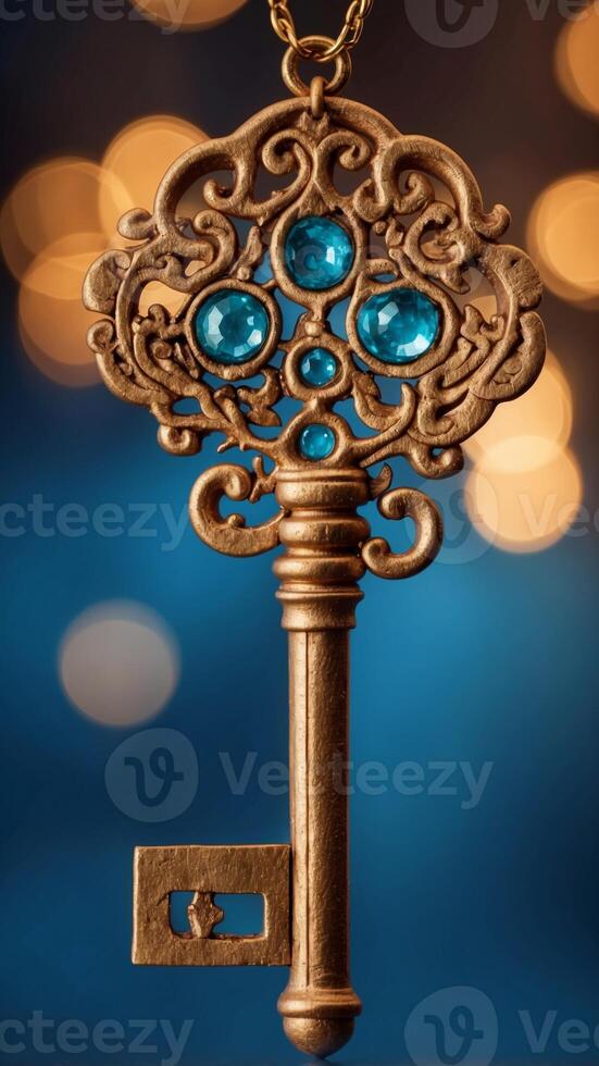A golden key with a filigree on a blue background. photo