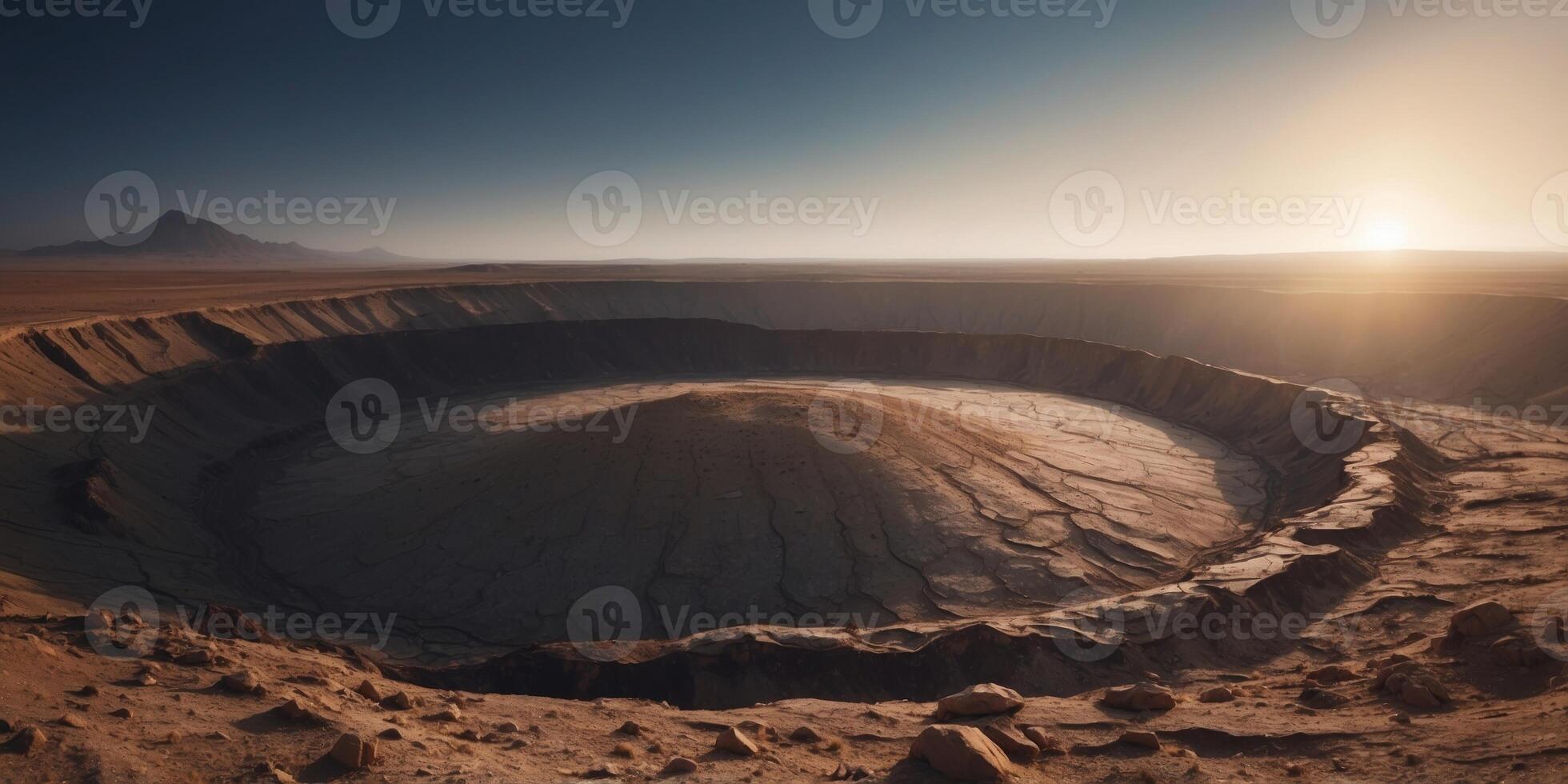 A large crater surrounded with barren land and rock. photo
