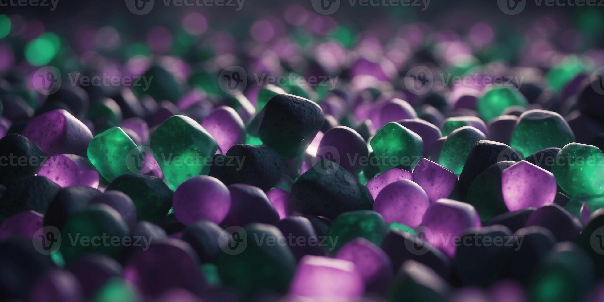 A futuristic background of glowing green and purple shapes floating in space. photo