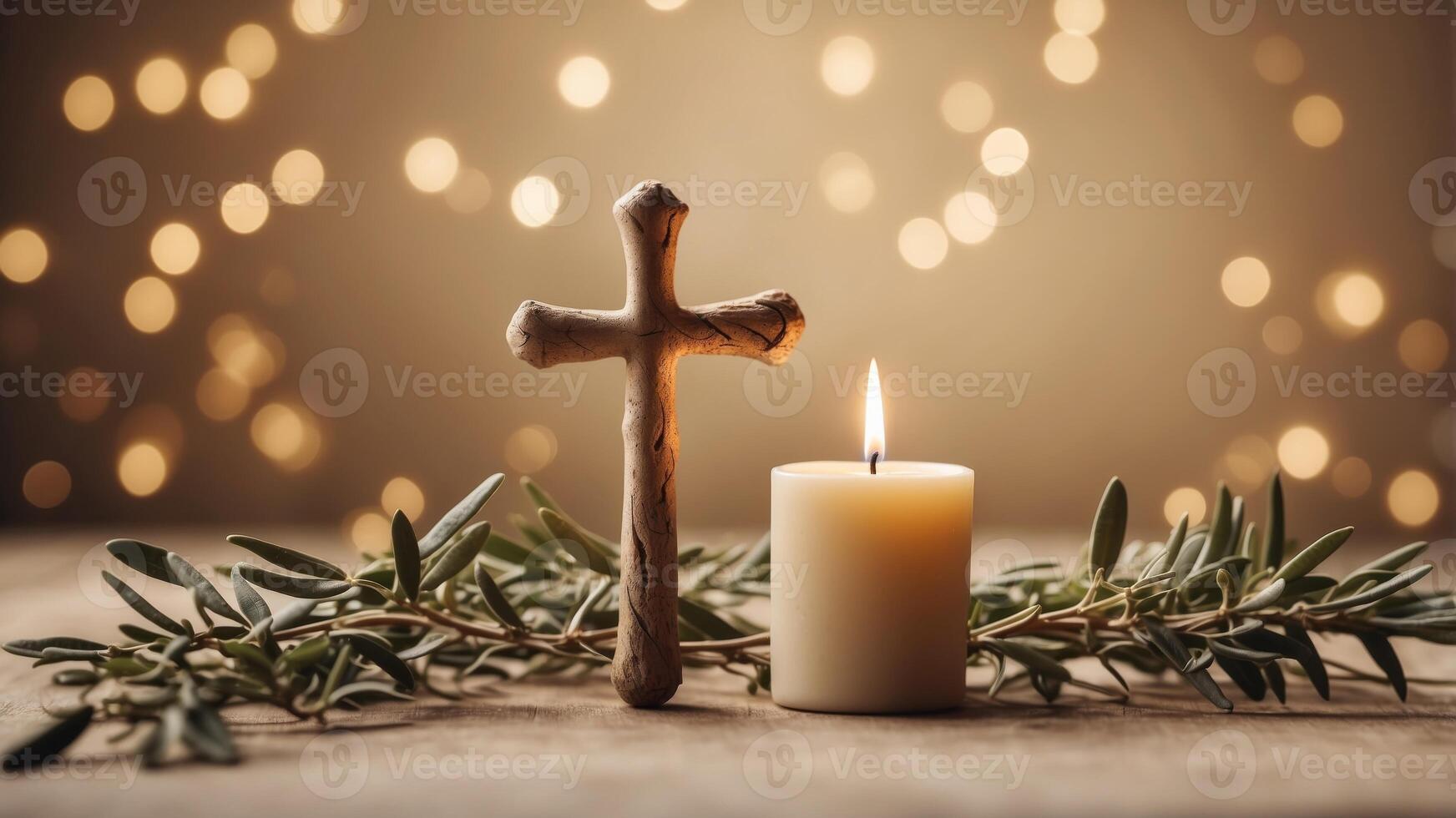 religious beige background with cross and olive twigs. photo