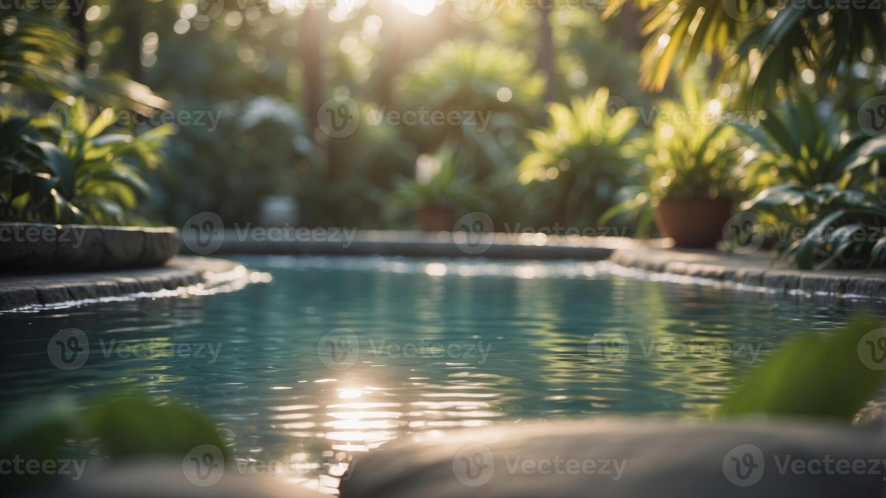 Serene Morning Swim in a Peaceful Tropical Pool with Gentle Ripples and Lush Foliage. photo