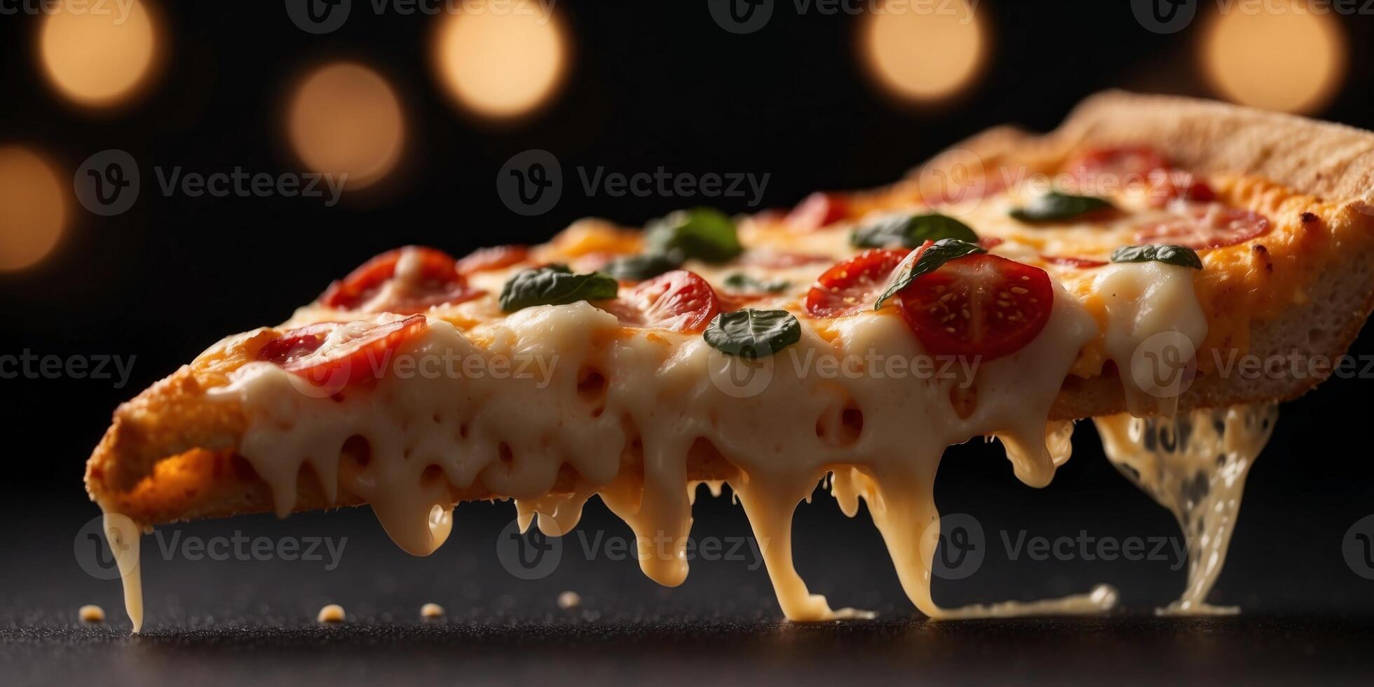 a flying slice of four cheeses pizza with stretching cheese on a black background. photo