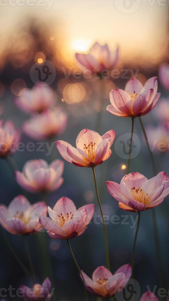 A floating garden of glowing flowers, their petals pulsing with soft light against a twilight sky. photo
