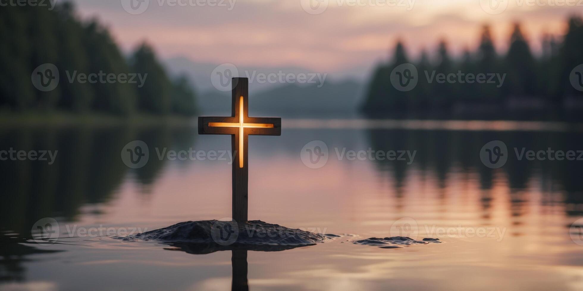 Serene Reflection of Cross on Peaceful Lake with Atmospheric Lighting. photo
