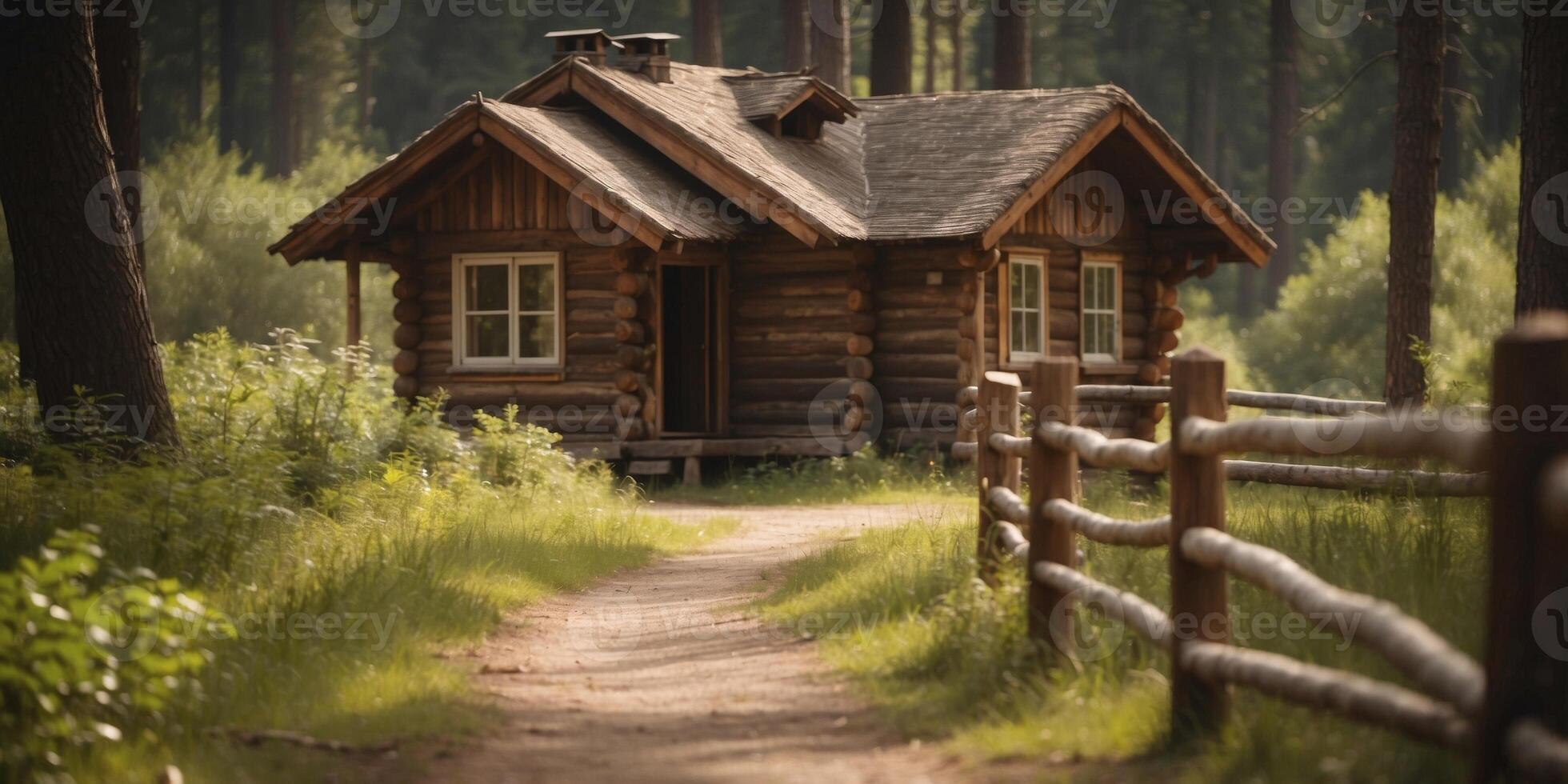 Charming rustic wooden cabin in forested countryside with wooden fence on a sunny day. photo