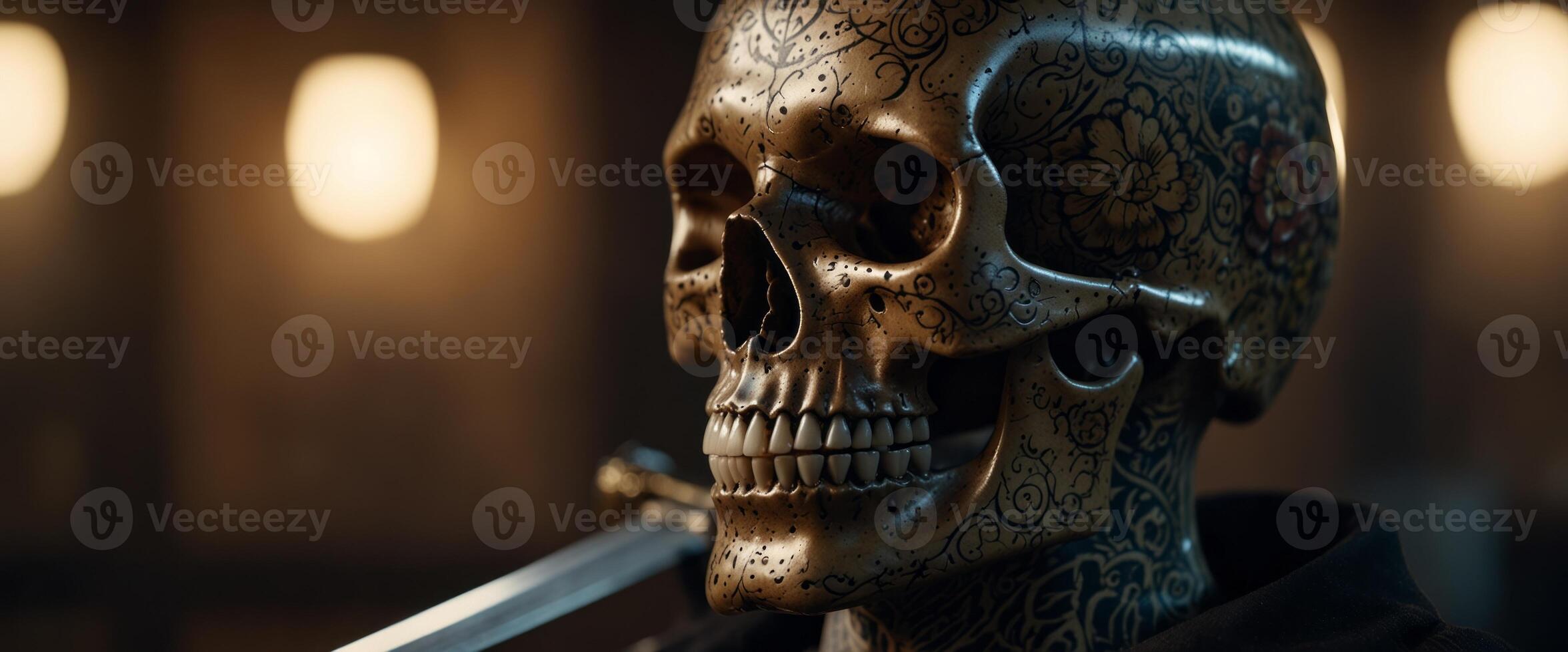 Traditional tattoo flash skull with a sword. photo