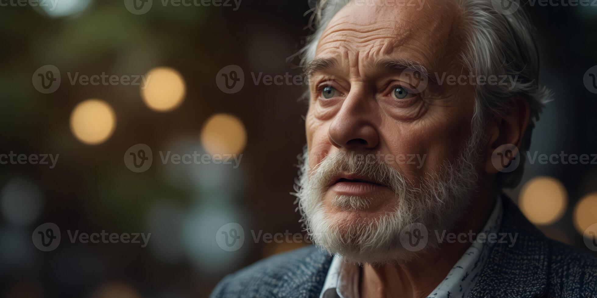 An old man with a beard is looking at something in shock. photo