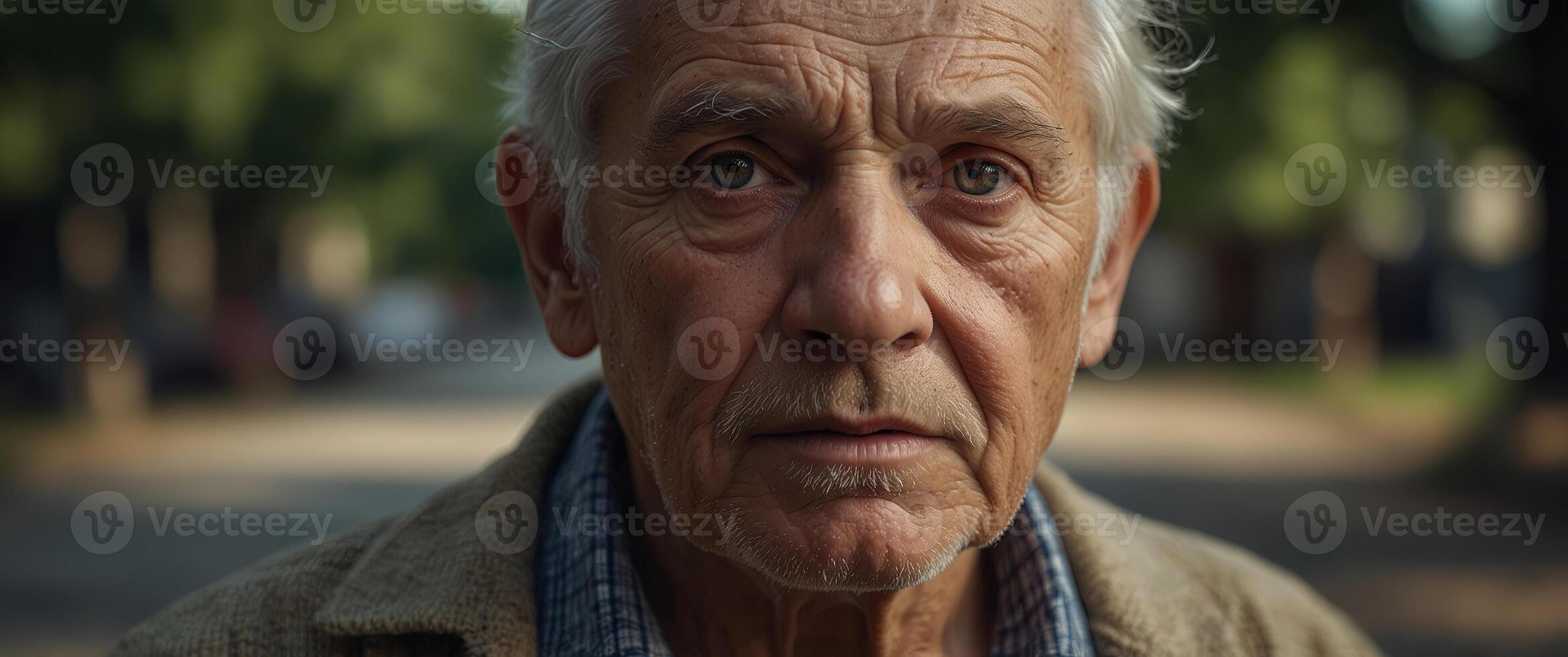 Elderly man with intense gaze and weathered features. photo