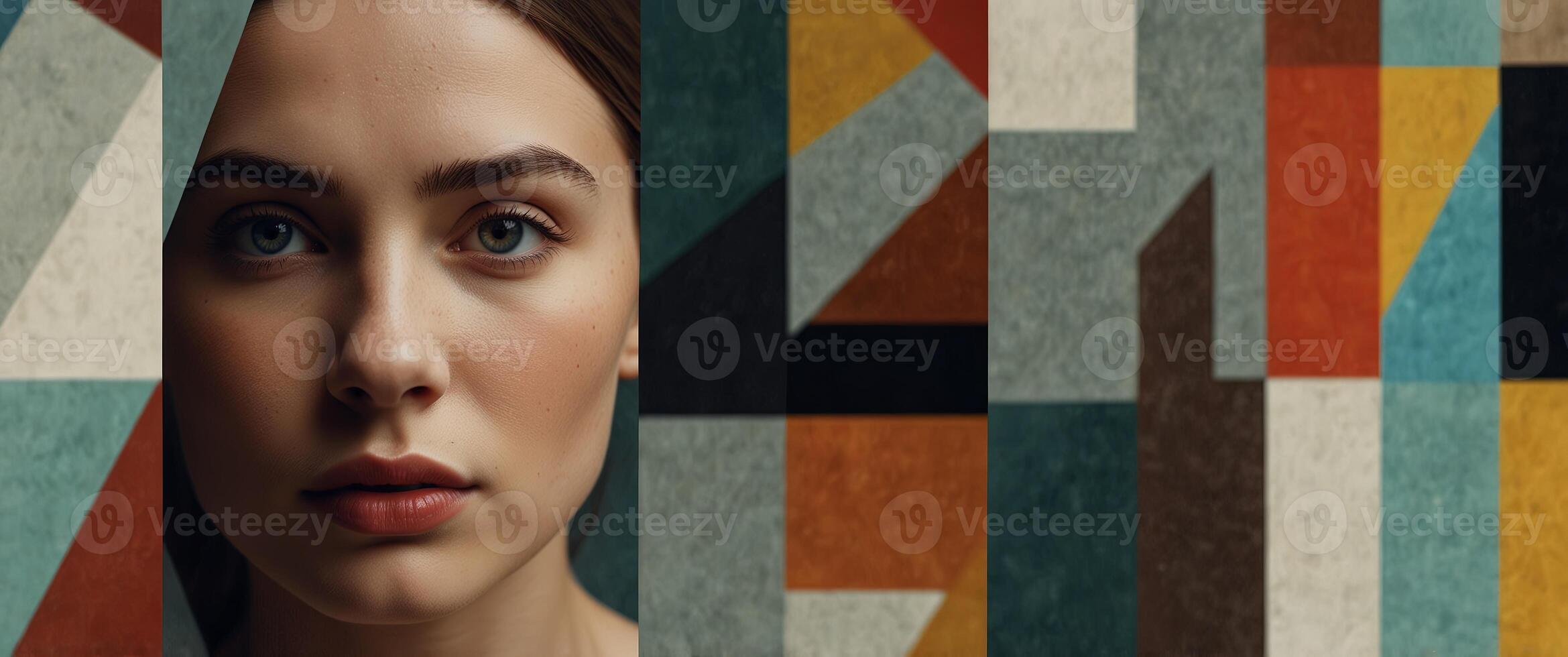 A fusion of traditional and modern art styles brought together through a collage of geometric shapes. photo