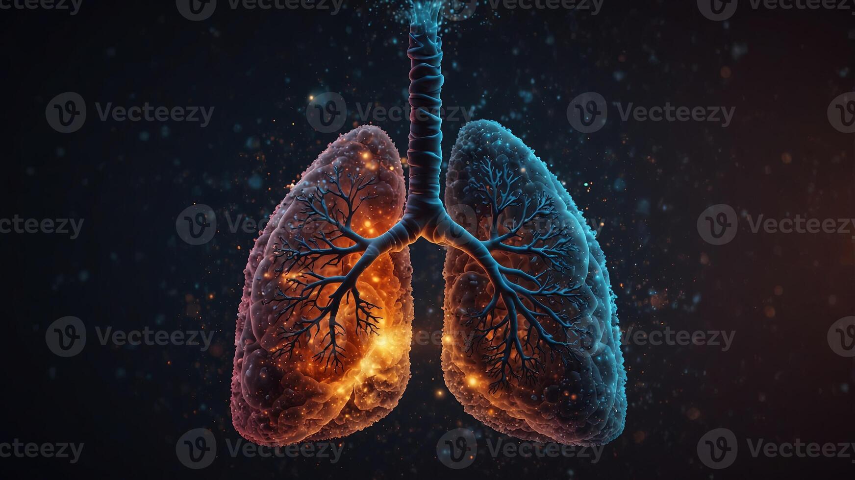 Abstract human lungs with glowing particles. photo