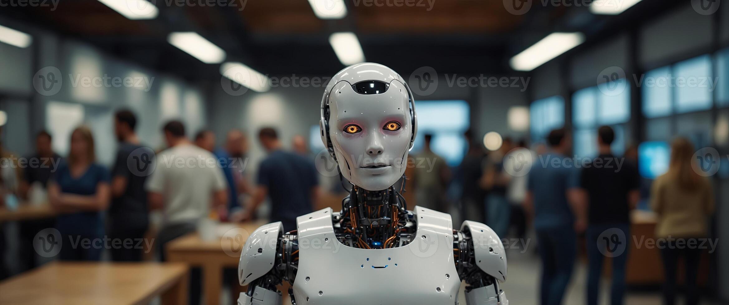 A humanoid robot stands in a busy indoor area. photo