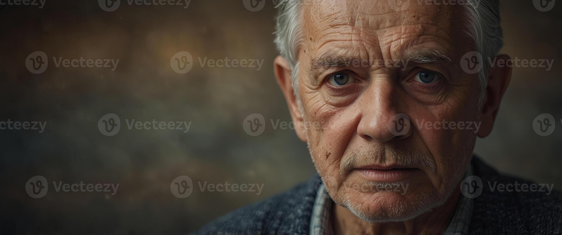 Elderly man with intense gaze and weathered features. photo