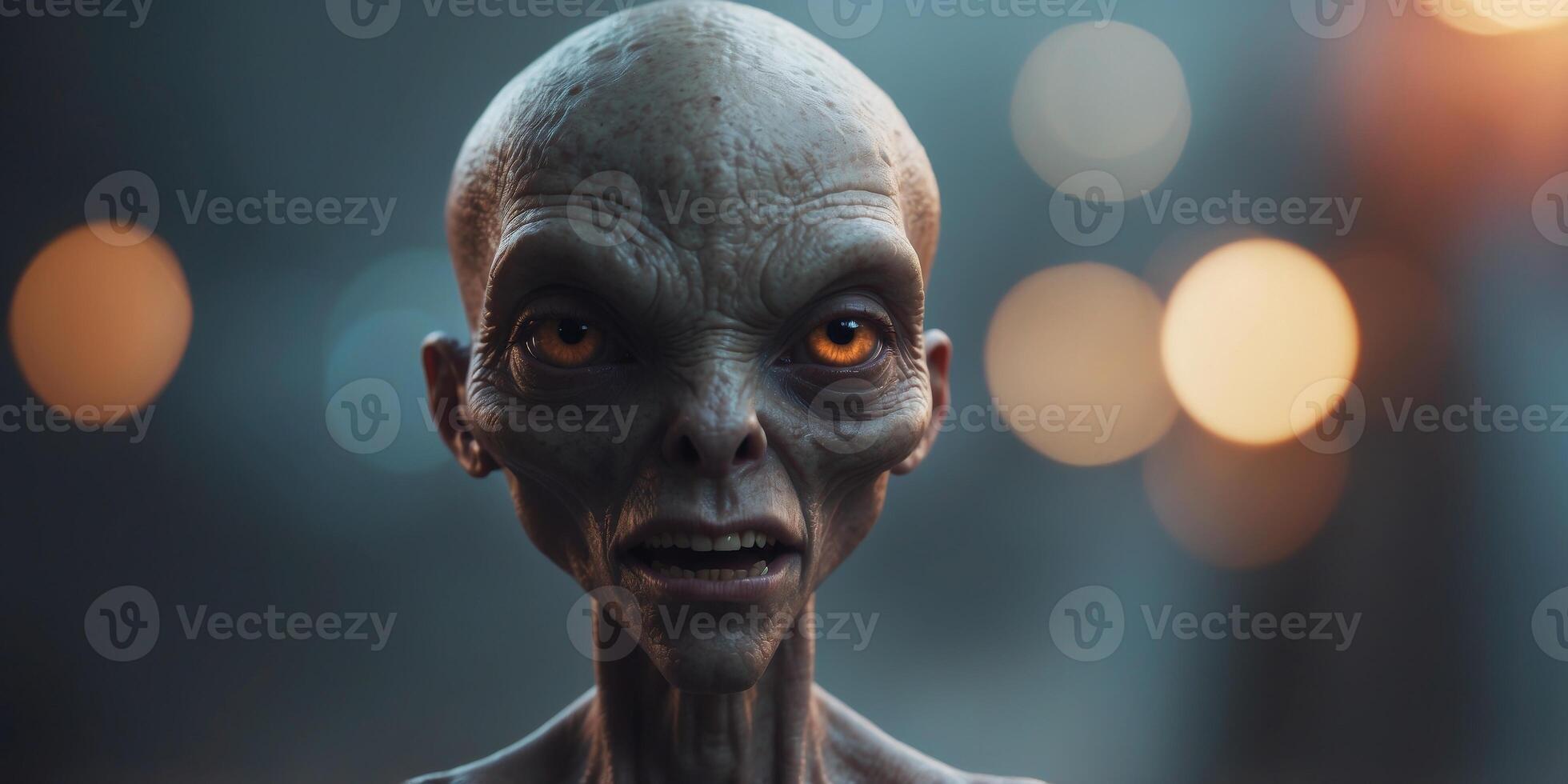 A strange looking alien with a large head and a mouth with sharp teeth. photo