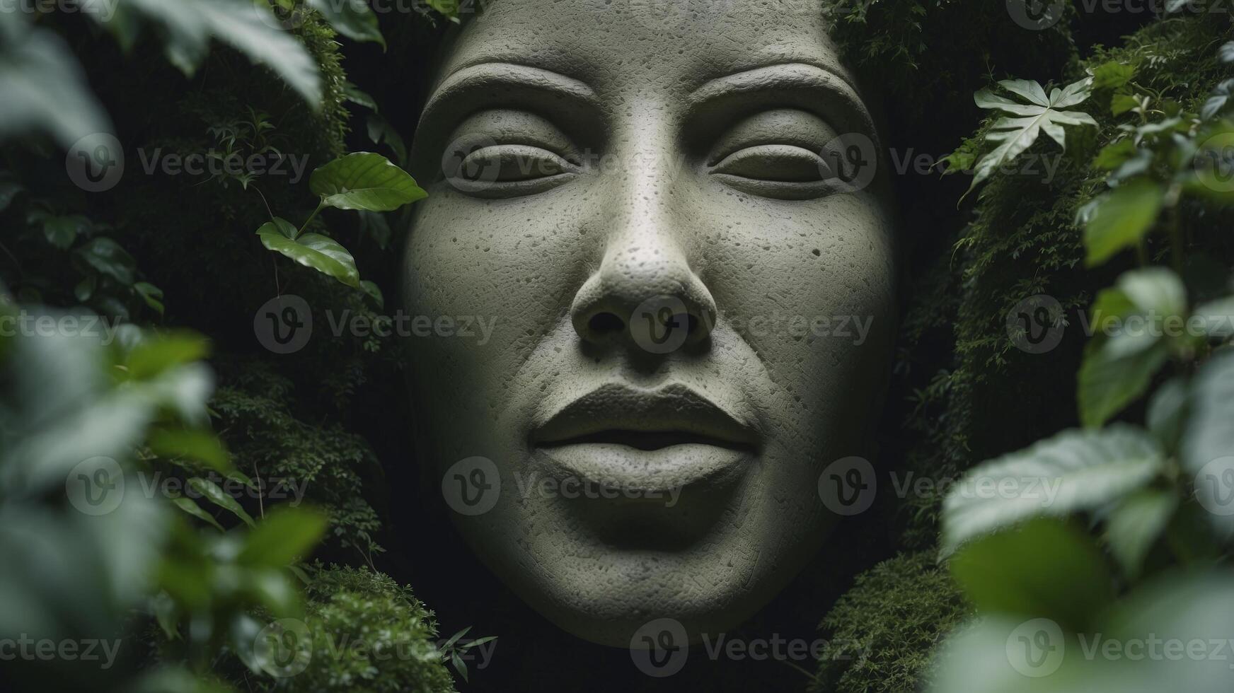 Stone face sculpture with tongue out amidst green foliage. photo
