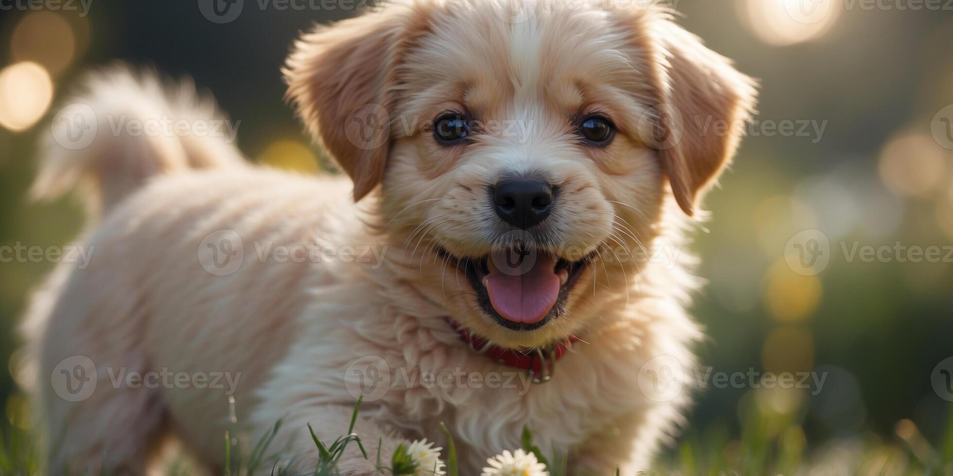 Happy funny face cute puppy playing in garden. photo
