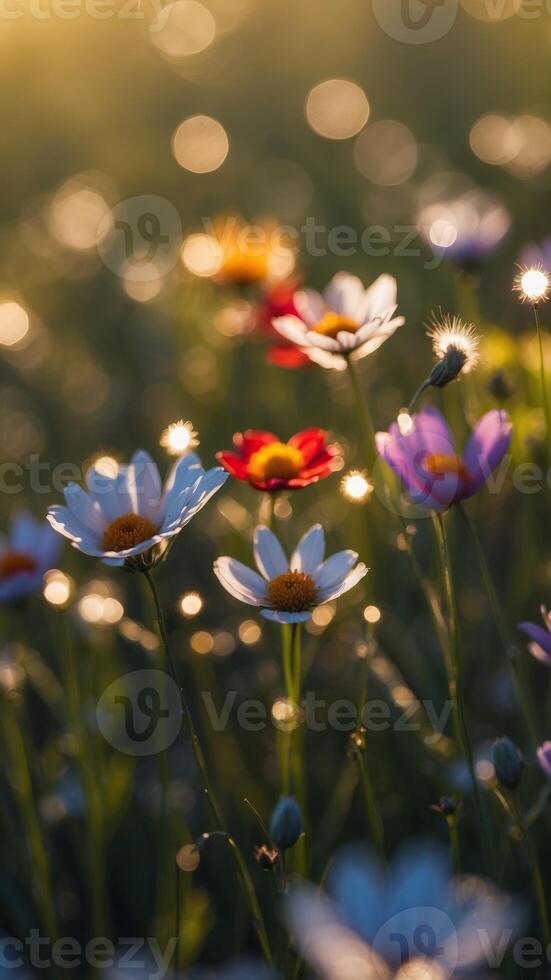 A meadow where the flowers are made of glass, reflecting the light of the stars. photo