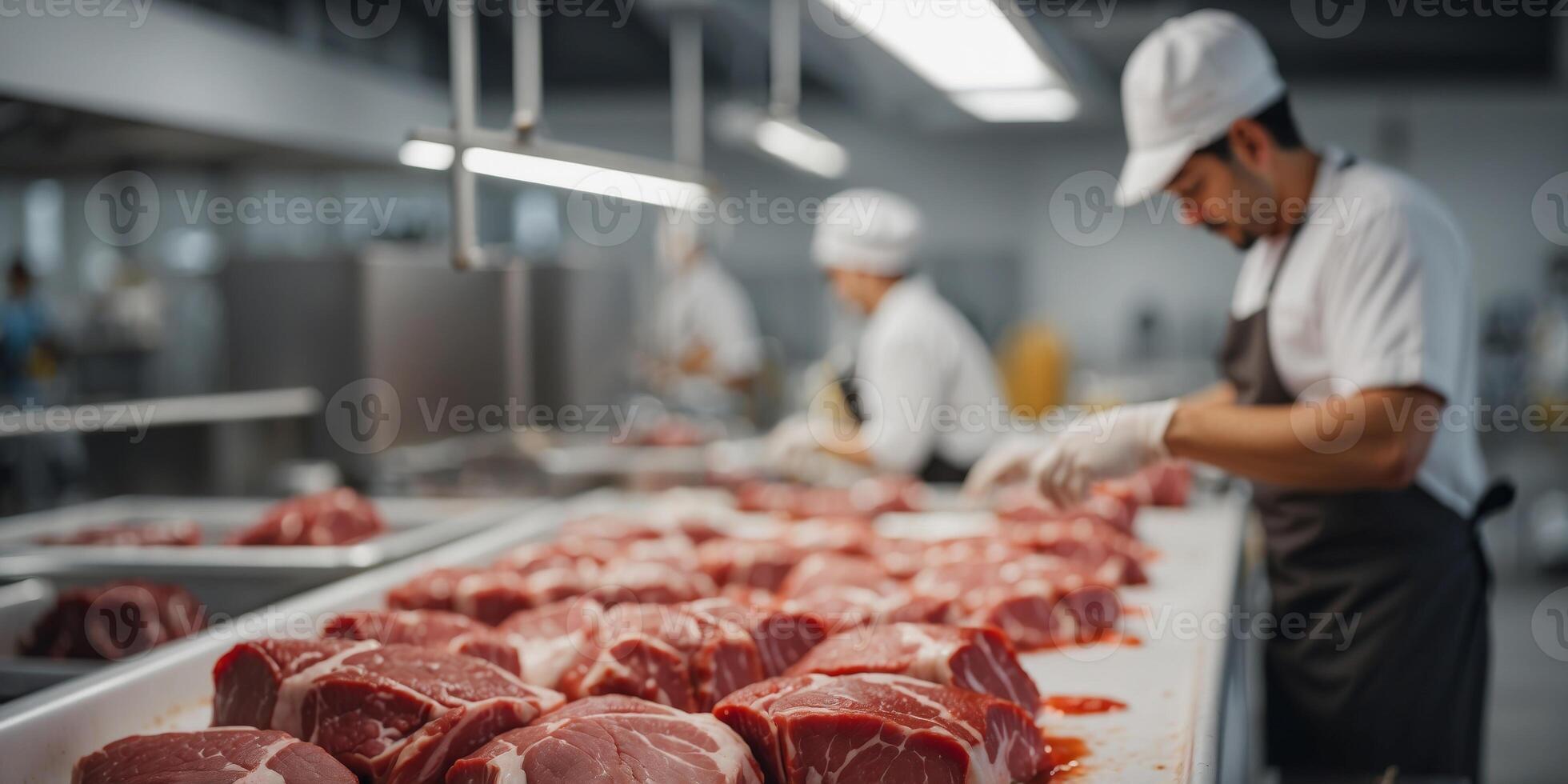 Butcher preparing fresh red meat in a modern industrial food processing facility. photo