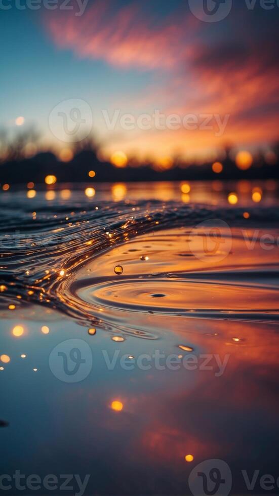 A galaxy-like swirl of colors reflecting off a glassy lake at dusk. photo
