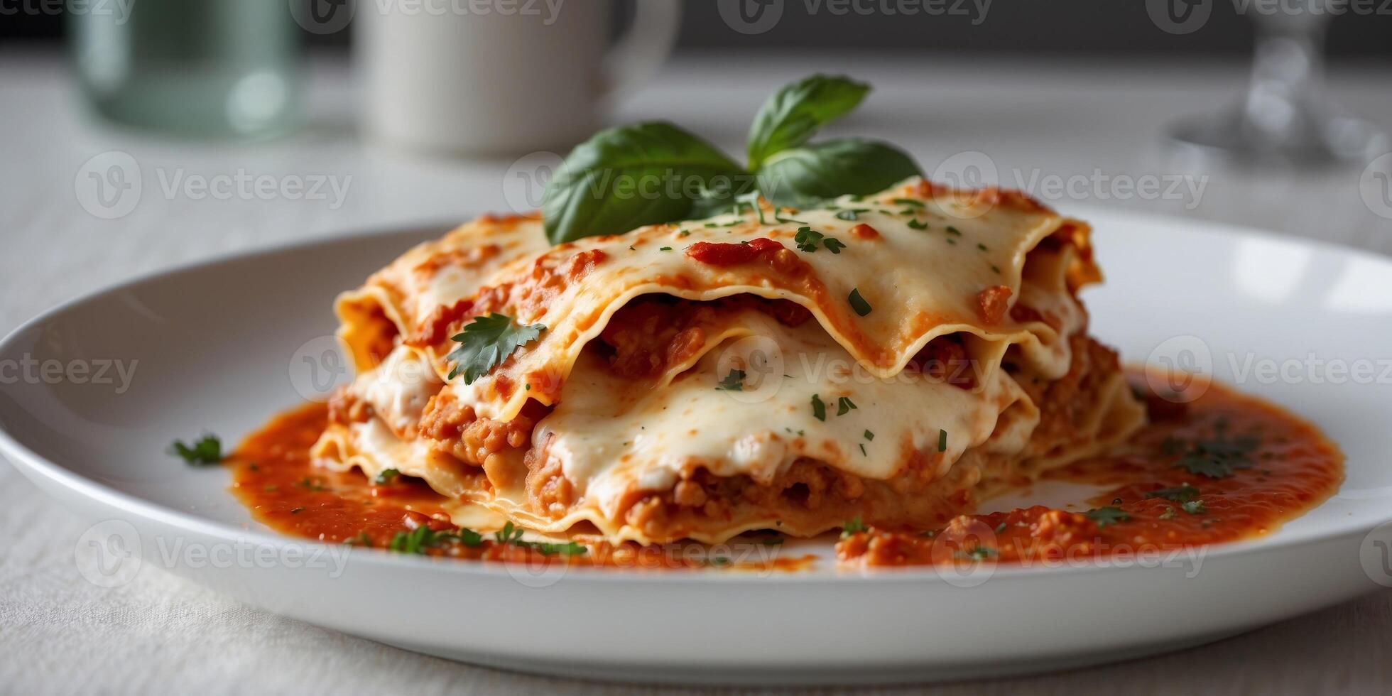 a special lasagna dish served on a white plate. photo