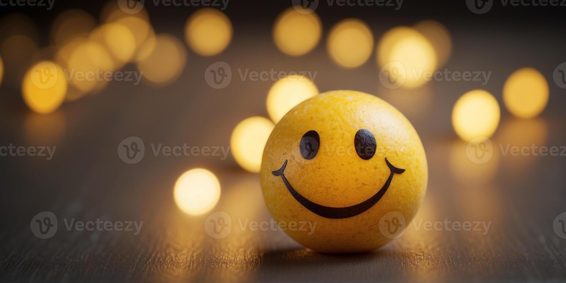Cute yellow smiley face ball glowing with soft light symbolizing warmth positivity and happiness in a minimalist modern design with a focus on emotional expression. photo