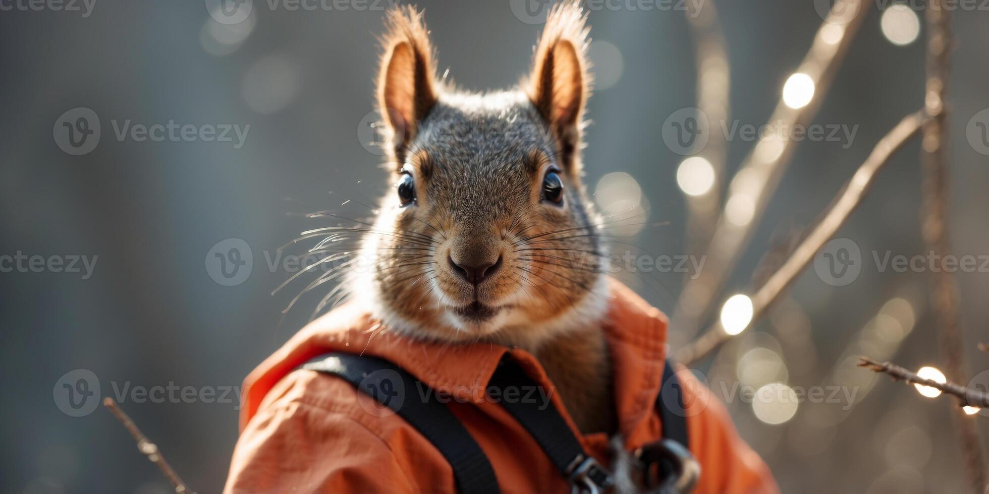 Cute squirrel wearing firefighter uniform. photo