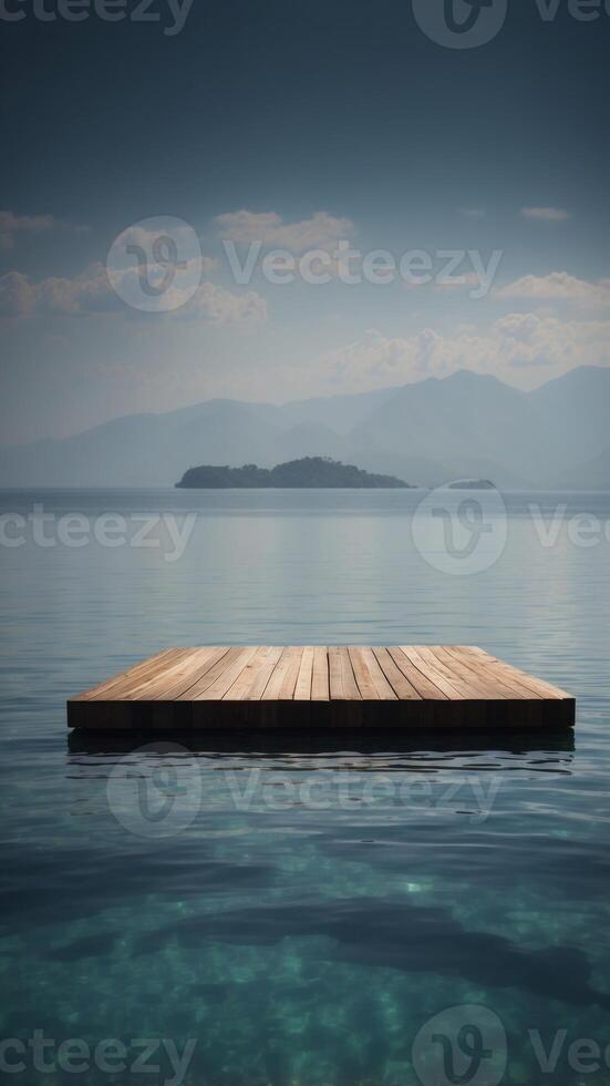 A giant floating platform in the middle of an ocean with an empty space for a product showcase. photo