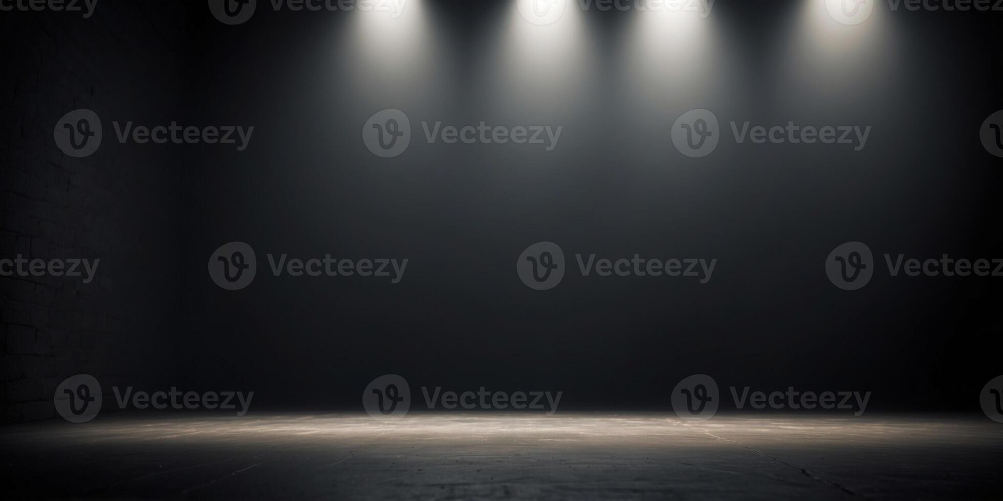 Empty space of studio dark room with spot lighting and fog or mist on concrete floor in black background. photo