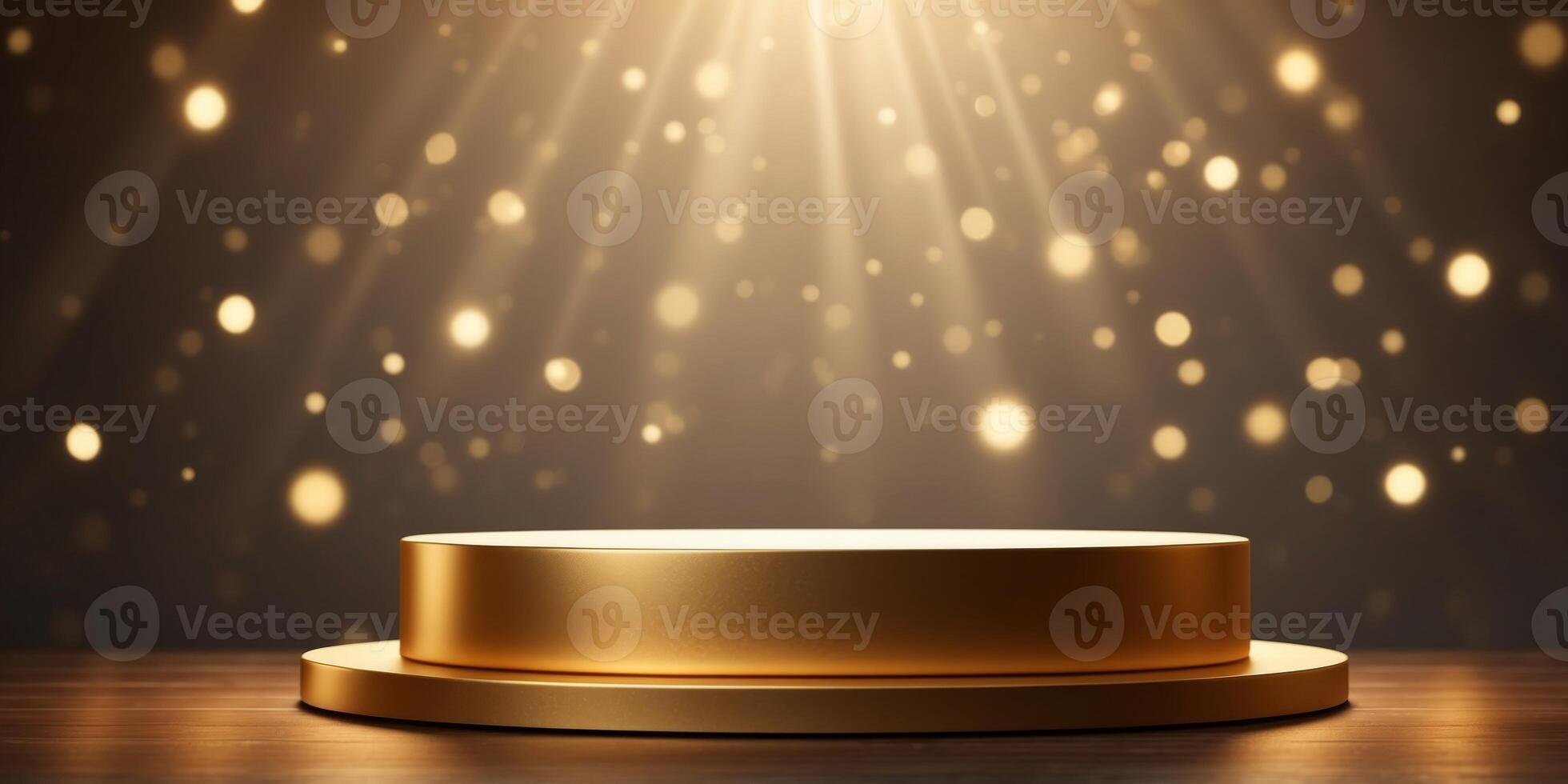 Gold podium for product presentation shining down with spotlight. photo