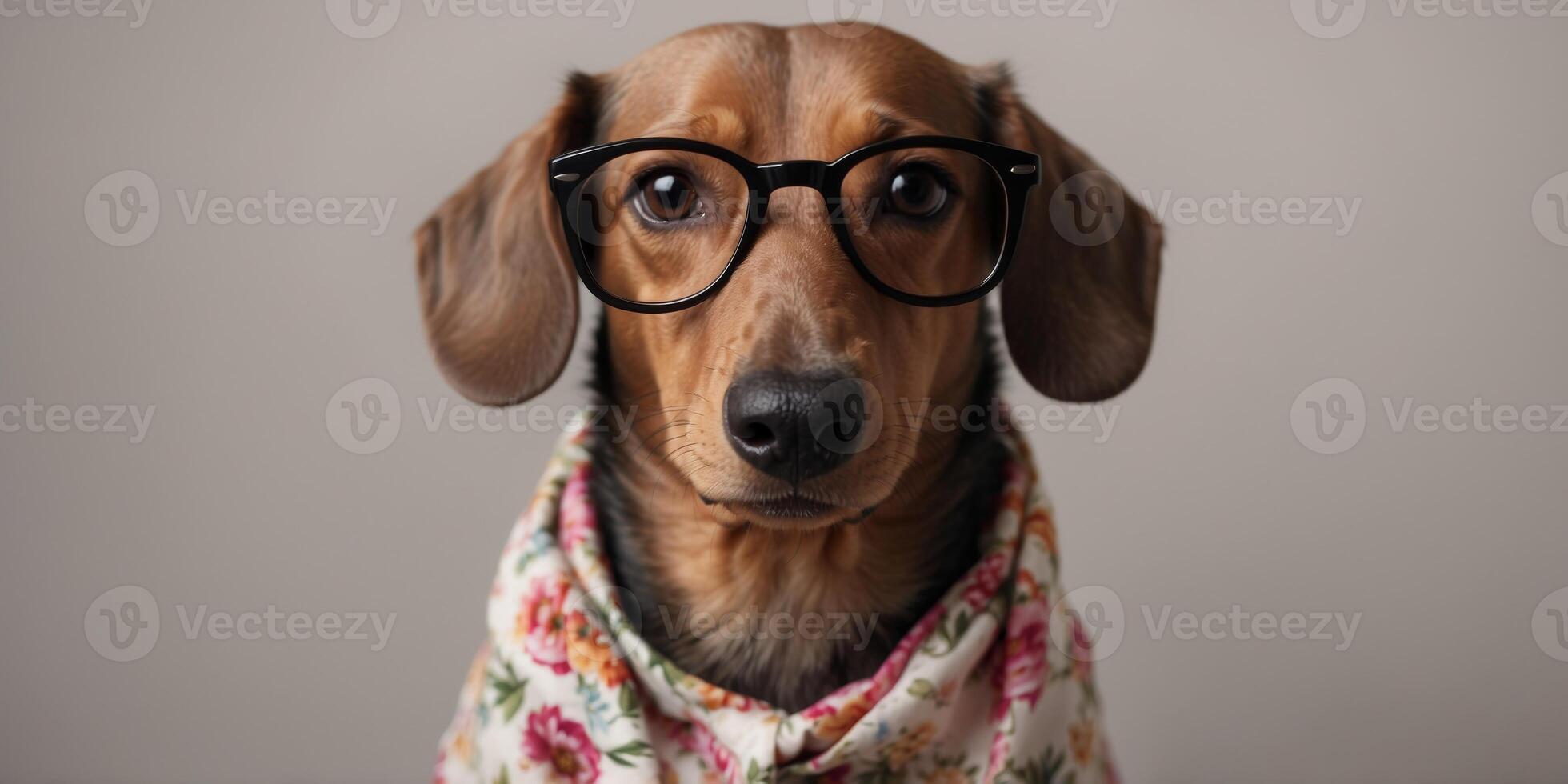 Dachshund with glasses in a floral dress. photo