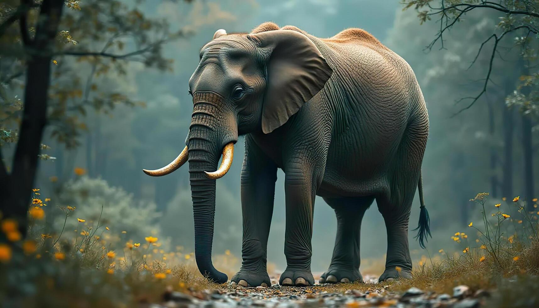 an elephant is walking through a forest photo