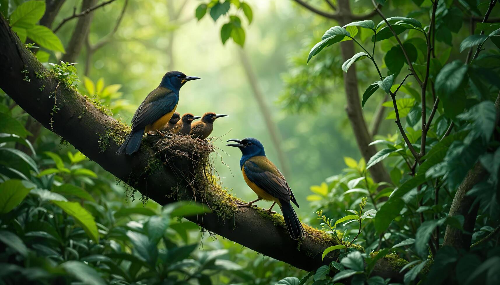 two birds are sitting on a branch in the middle of a forest photo