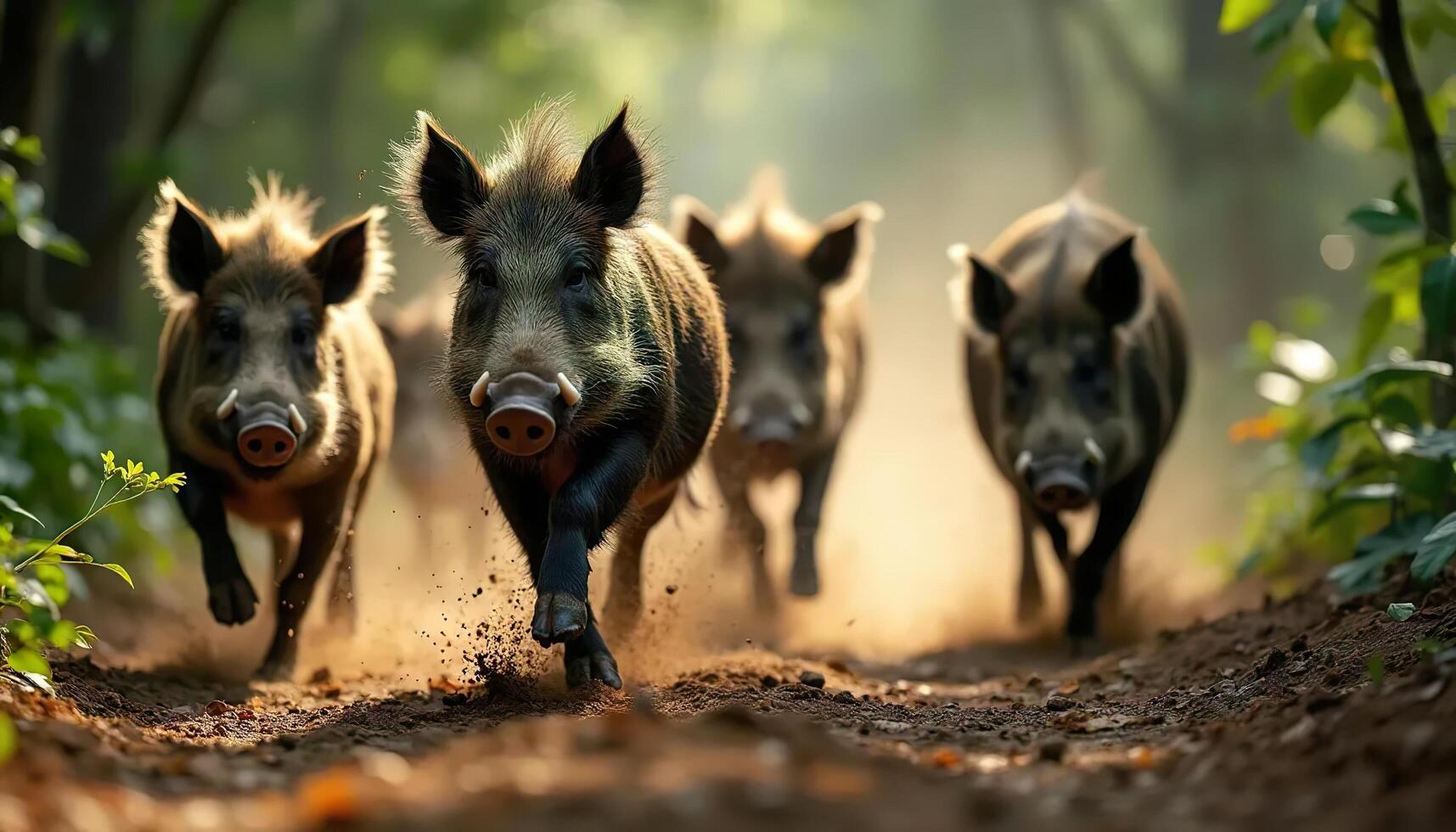 wild boar running in the forest photo