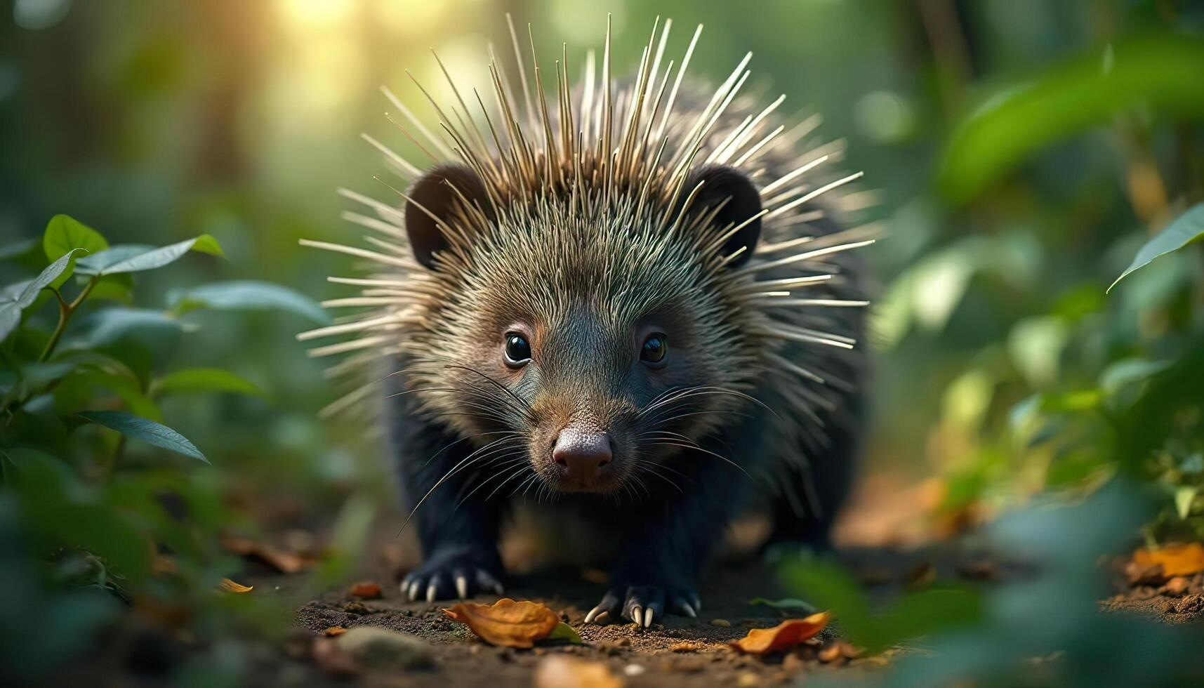 a porcupine is walking through the forest photo