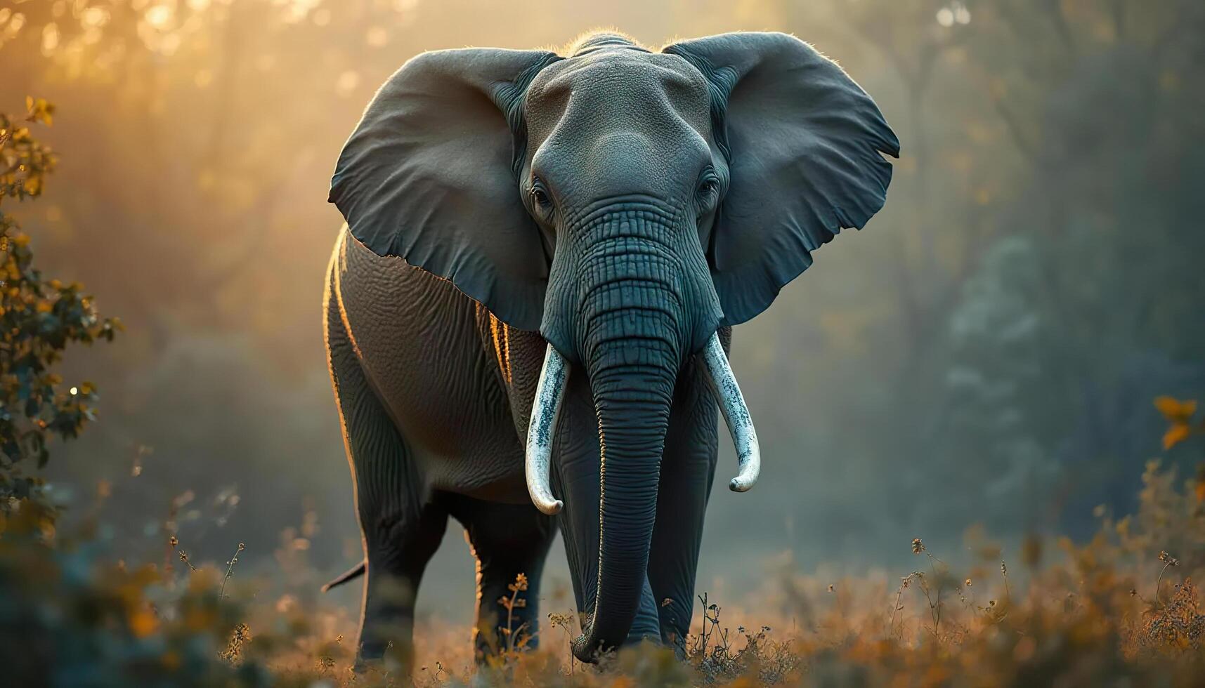 an elephant is walking through a field at sunset photo