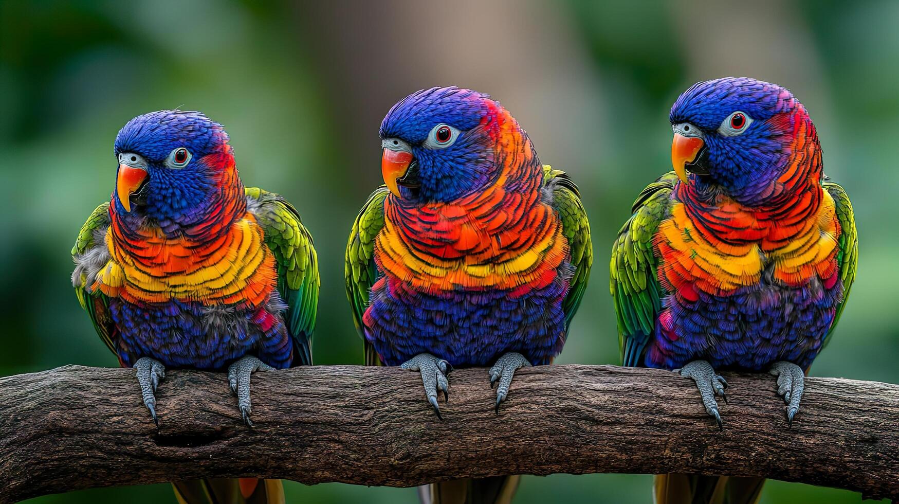 three colorful birds sitting on a branch photo