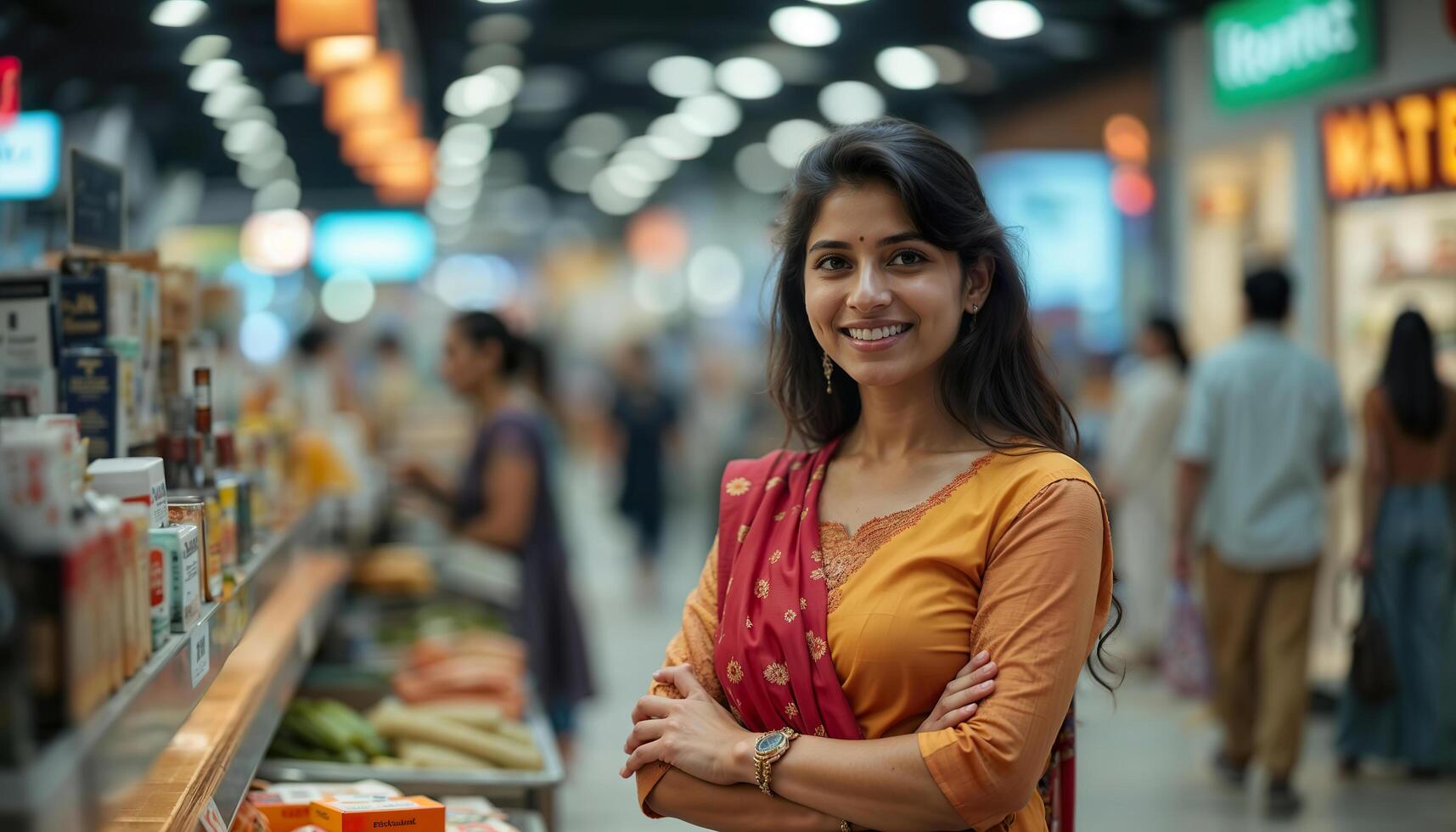 a woman in an indian sari standing in a supermarket photo