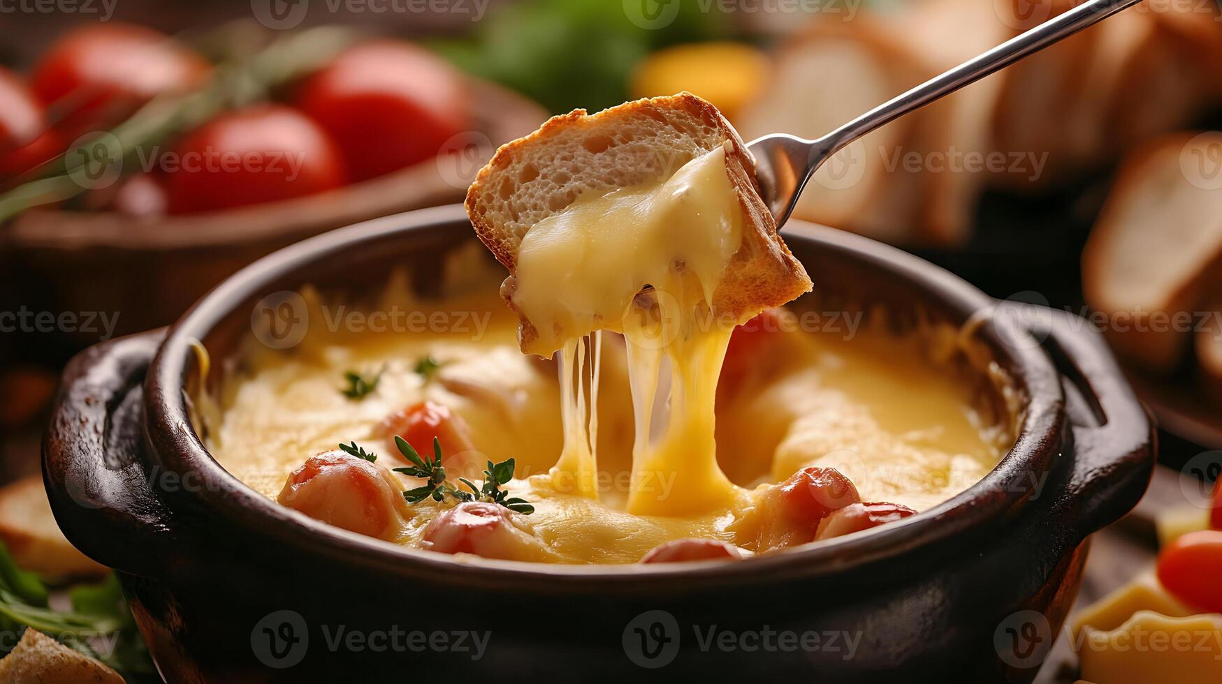 A cheese fondue pot with a fork pulling out a piece of bread, dripping with thick, stretchy cheese, with bread pieces and vegetables around the pot photo