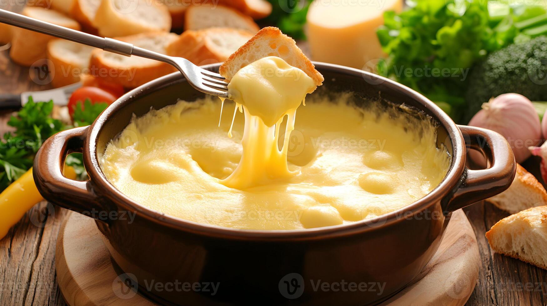 A cheese fondue pot with a fork pulling out a piece of bread, dripping with thick, stretchy cheese, with bread pieces and vegetables around the pot photo