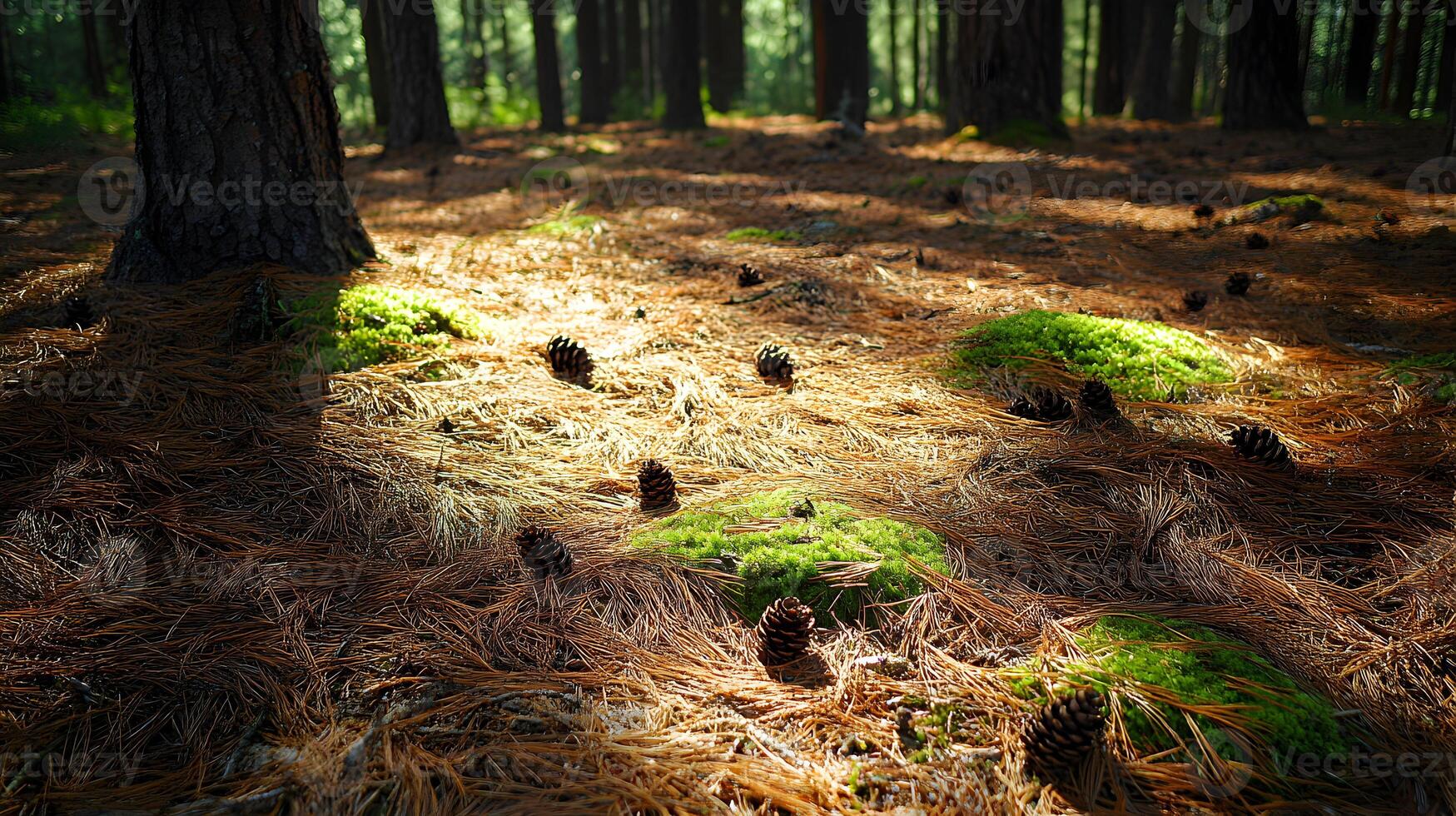 A close-up of the forest ground covered in pine needles, with small cones scattered between them and patches of bright green moss, with soft sunlight filtering through photo