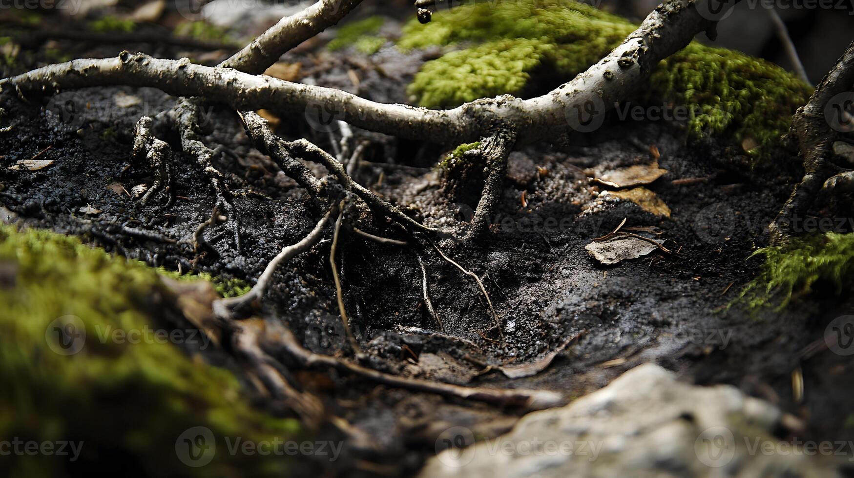 A detailed macro shot of a dark, shaded forest floor, showing damp soil, roots twisting around rocks, and patches of moss alongside fallen branches photo