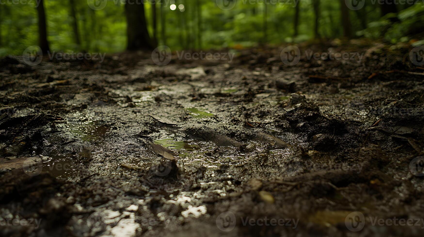 A close-up view of the forest floor, revealing an intricate mix of wet mud, tiny pebbles, and roots emerging from the soil, illuminated by soft sunlight streaming through the canopy photo