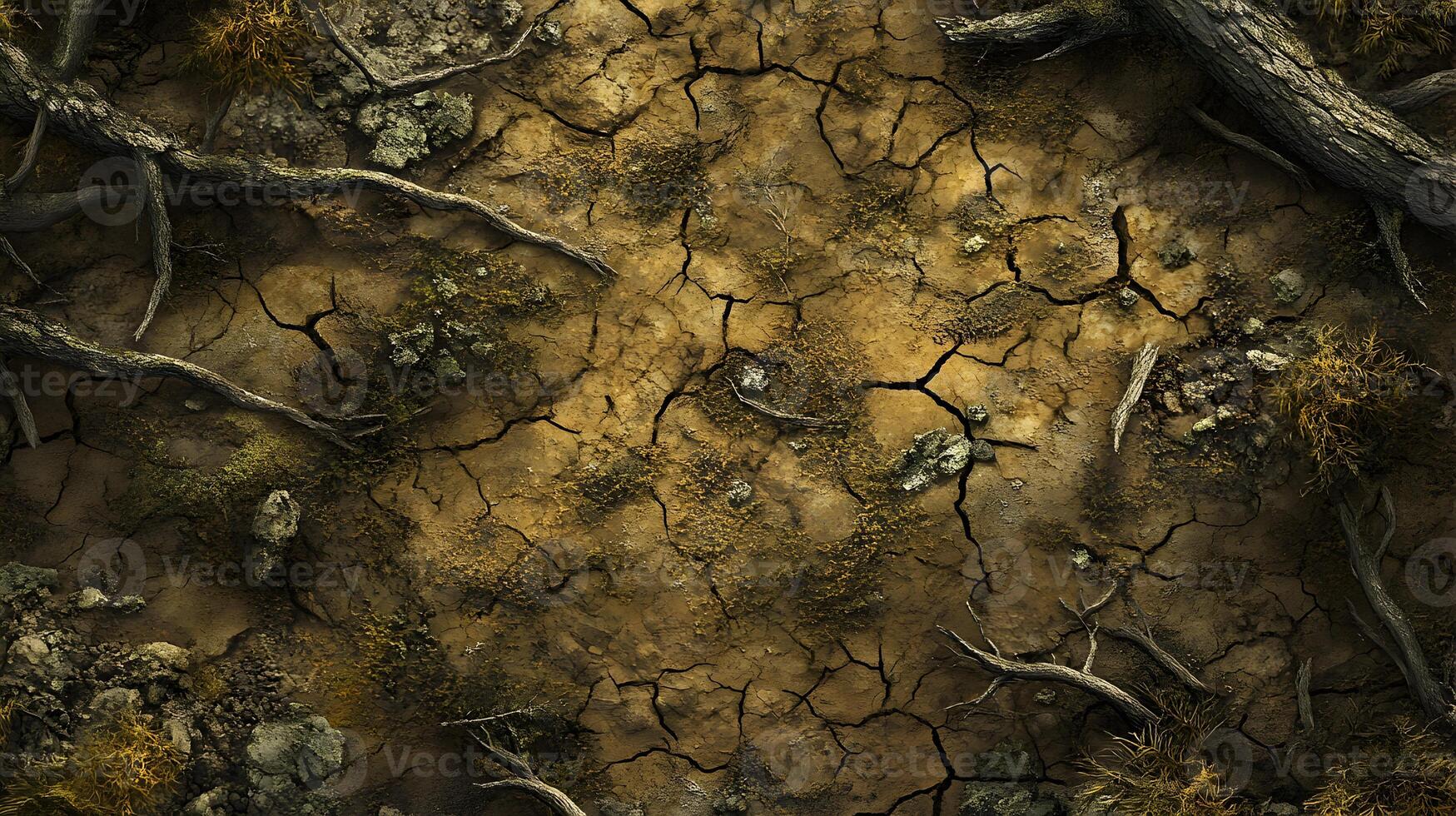 A richly detailed image of a forest floor with dry, cracked earth, patches of moss, decaying branches, and hints of wild mushrooms growing under the shade of trees photo